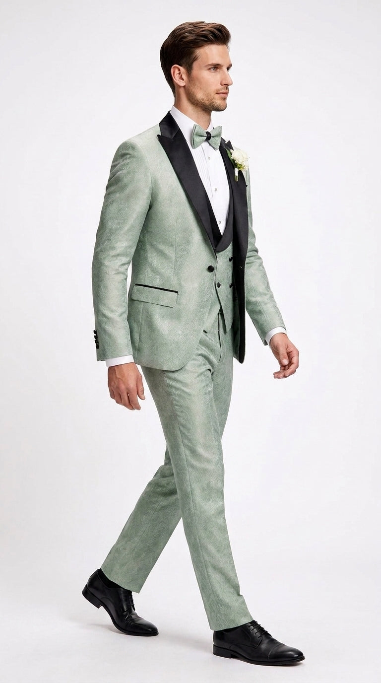 Men’s Sage Green Wedding Tuxedo with Black Shawl Lapel – 3 Piece Groom Prom Suit Mintish Color - 34 Short or Extra Small