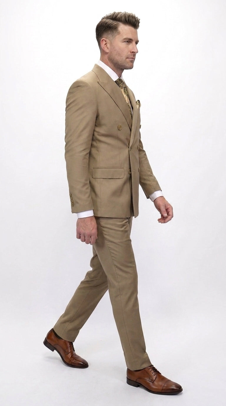 Men’s Statement Brand Caramel Khaki Double Breasted Wool Suit, Designer Formal Business Suit Set Wool Suit in Camel Color