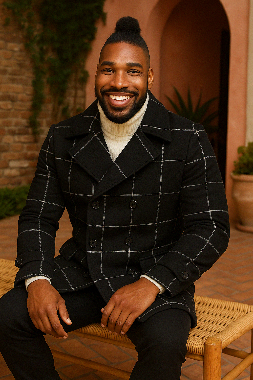 Black Plaid Overcoat - Topcoat With WindowPane Pattern Double Breasted Style - Coat Size 38
