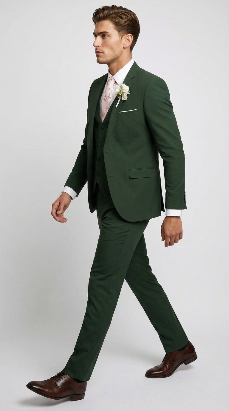 Men’s Forest Green 3 Piece Wedding Suit, Formal Groom Groomsmen Dress Suit Set - 34 Short or Extra Small