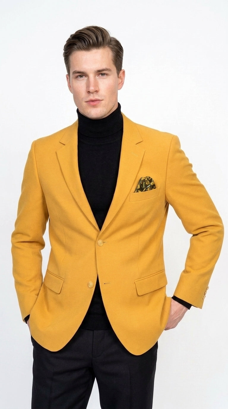 Men’s Mustard Gold Blazer, Fashion Sport Coat Wedding Party Church Dress Jacket - 36 Short