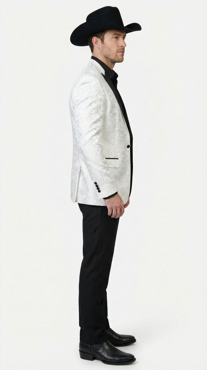Mens White Paisley Cowboy Tuxedo with Black Satin Lapel – Western Formal Wedding Suit Jacket