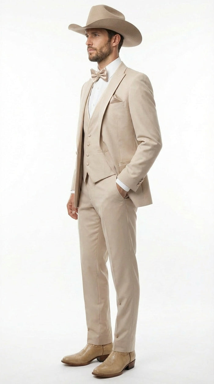 Mens Beige Tan Khaki CowboyTuxedo Suit Western Formal Three Piece Suit with Jacket Vest and Pants