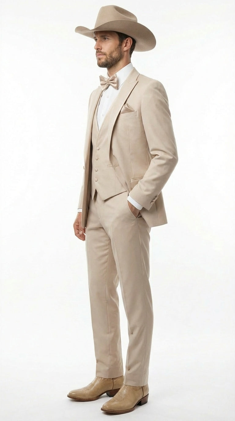 Mens Beige Tan Khaki CowboyTuxedo Suit Western Formal Three Piece Suit with Jacket Vest and Pants