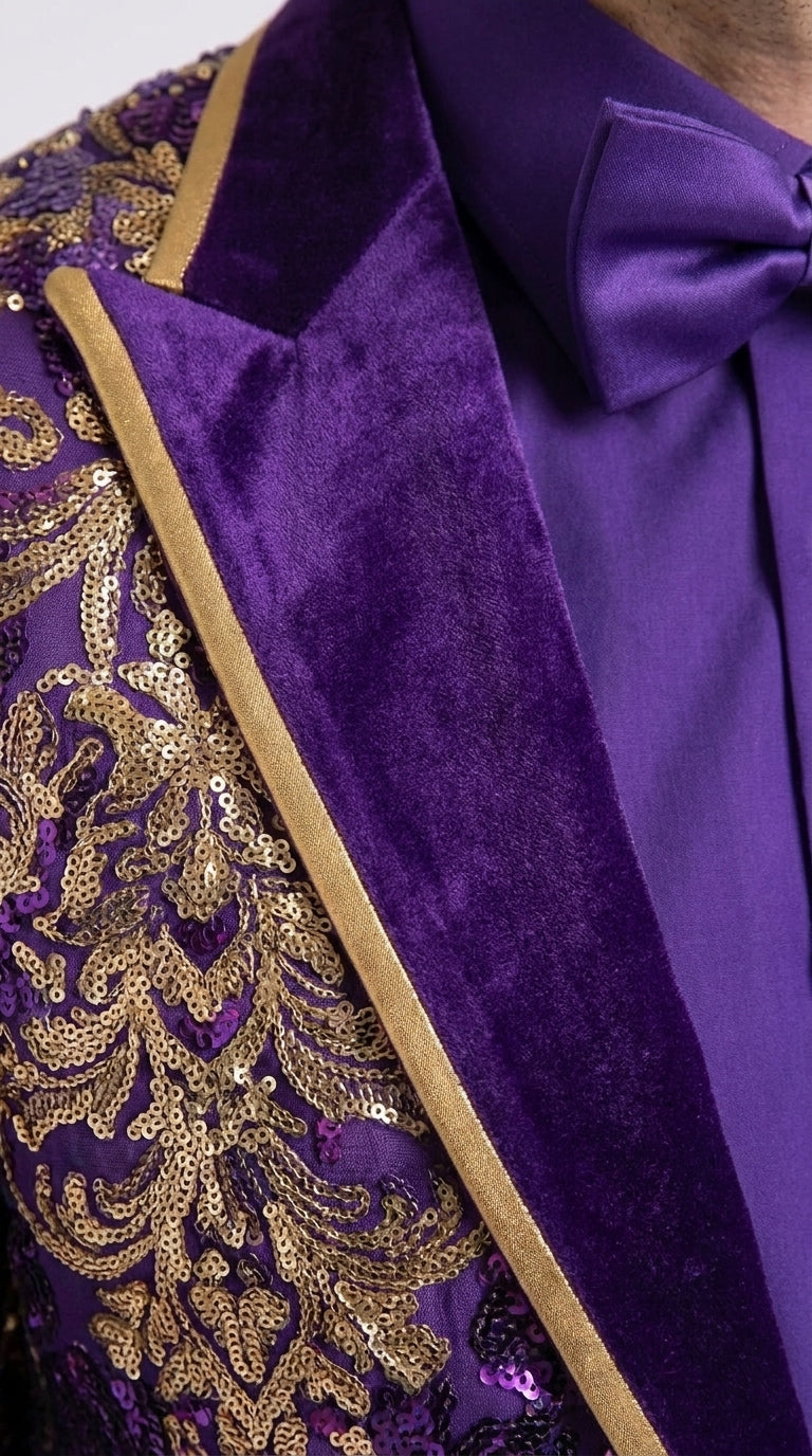 Men’s Purple and Gold Sequin Suit with Pants – Luxury Prom, Wedding and Party Blazer - 34 Short or Extra Small