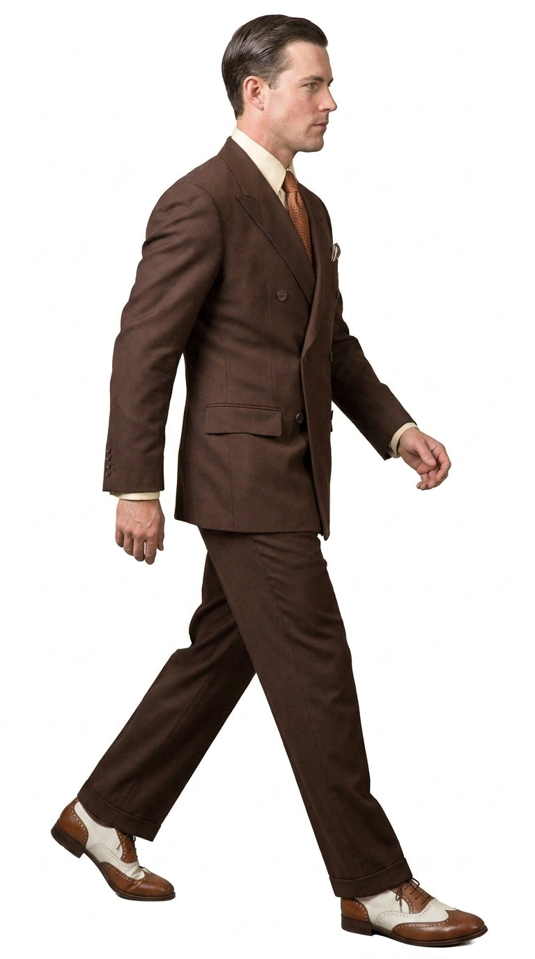 Men’s Brown Vintage Double Breasted Suit, Classic 1940s Style Formal Wedding Business Suit Set - 34 Short or Extra Small