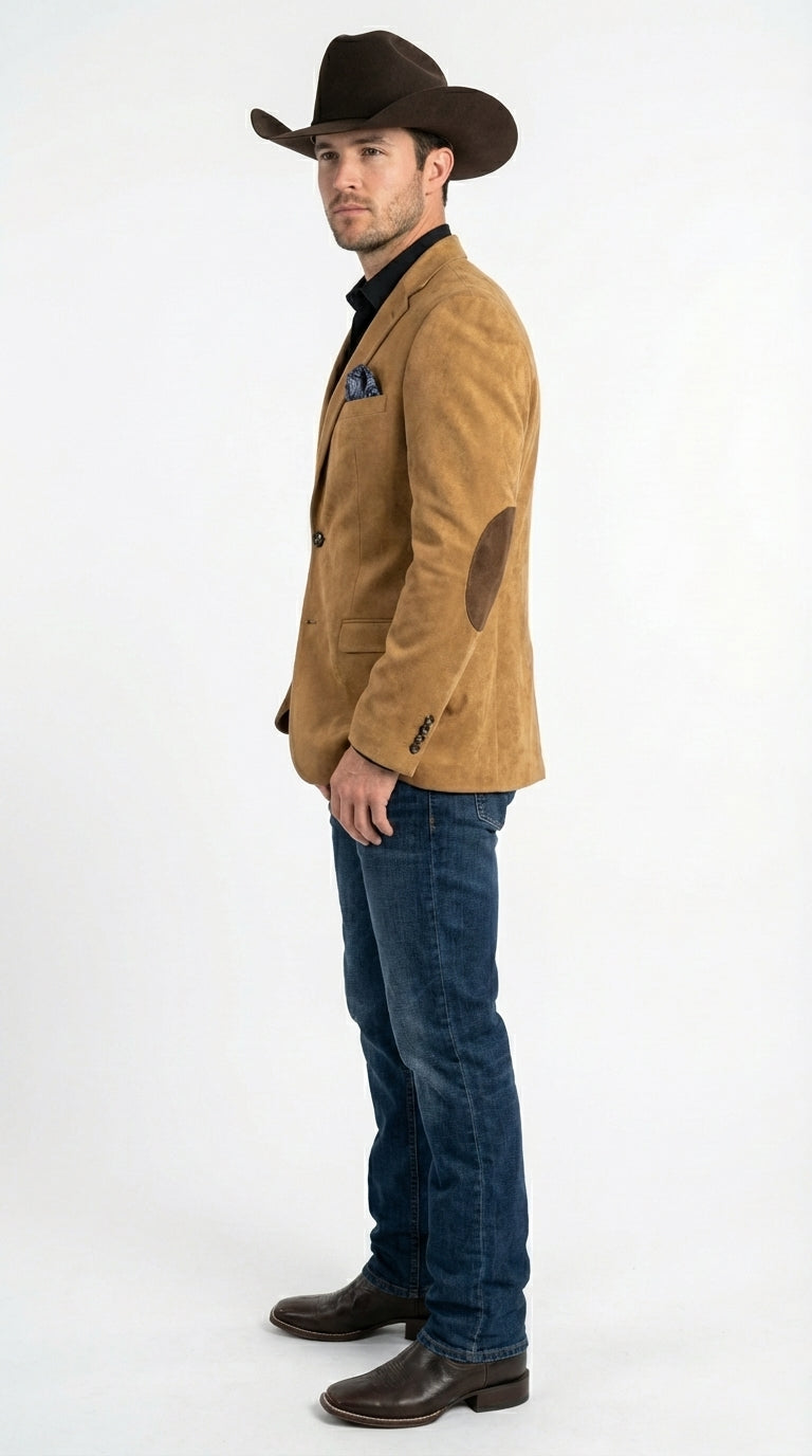 Men’s Camel Suede Cowboy Blazer with Elbow Patch – Camel Western Style Suede Sport Coat for Casual - 36 Short