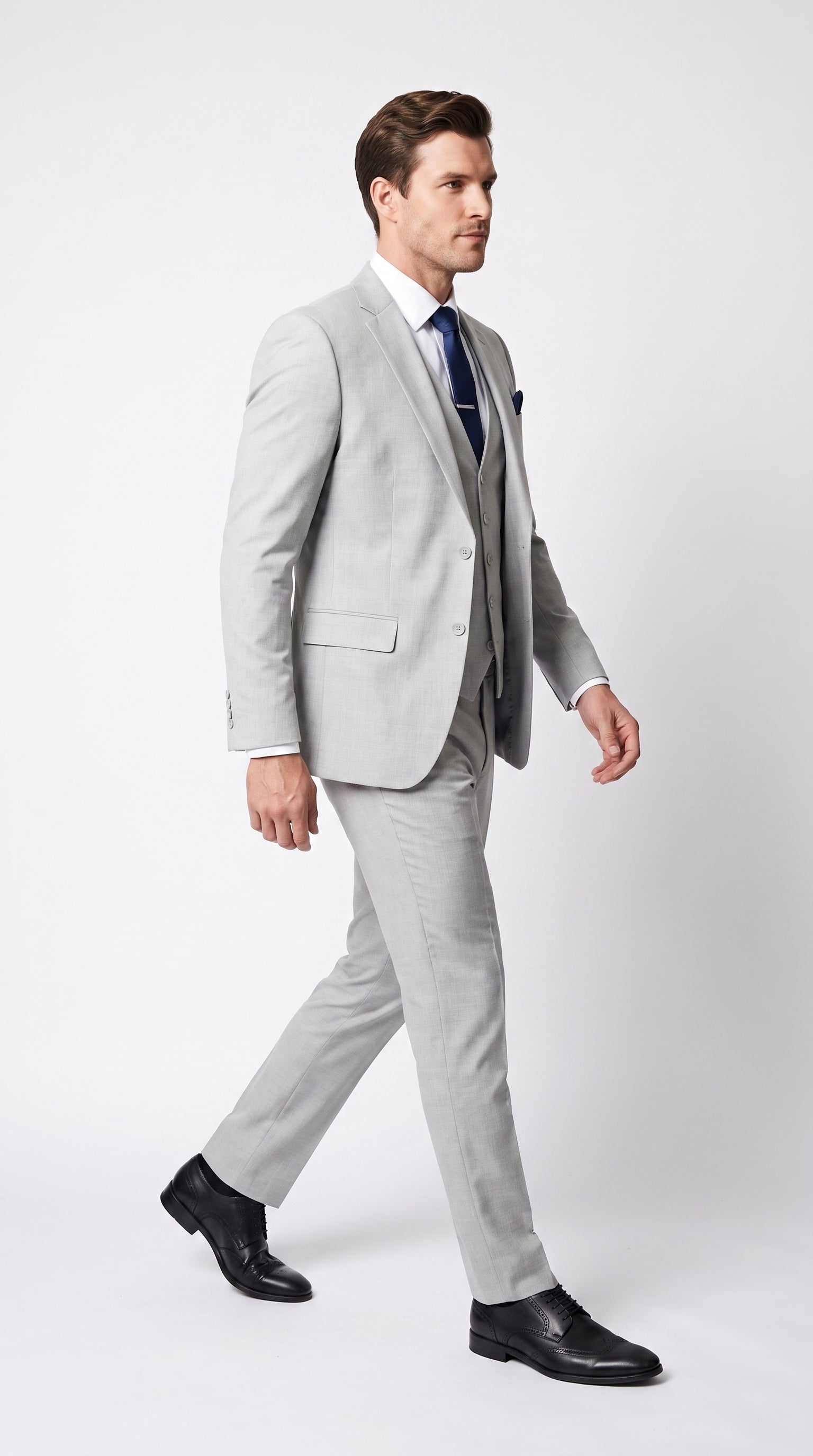 Men’s Silver & Navy Blue 3-Piece Suit – Wedding, Business and Formal Suit with Free Matching Tie