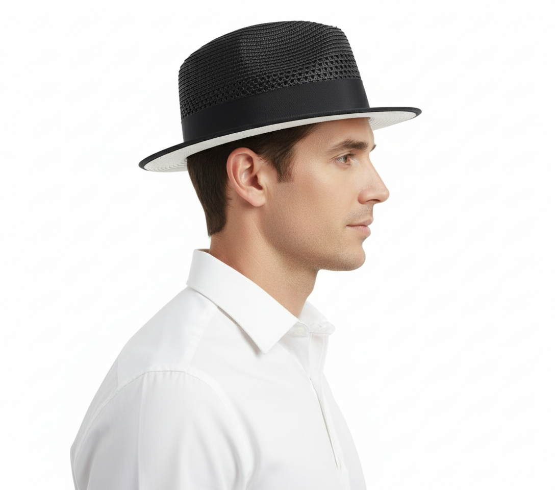 Mens Two-Tone Black and White Fedora Hat with Feather Accent Stylish Summer Dress Hat
