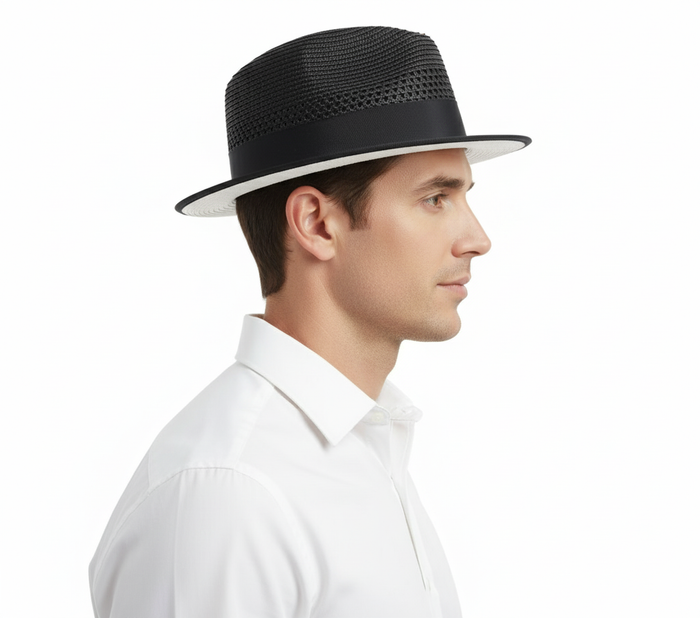 Mens Two-Tone Black and White Fedora Hat with Feather Accent Stylish Summer Dress Hat