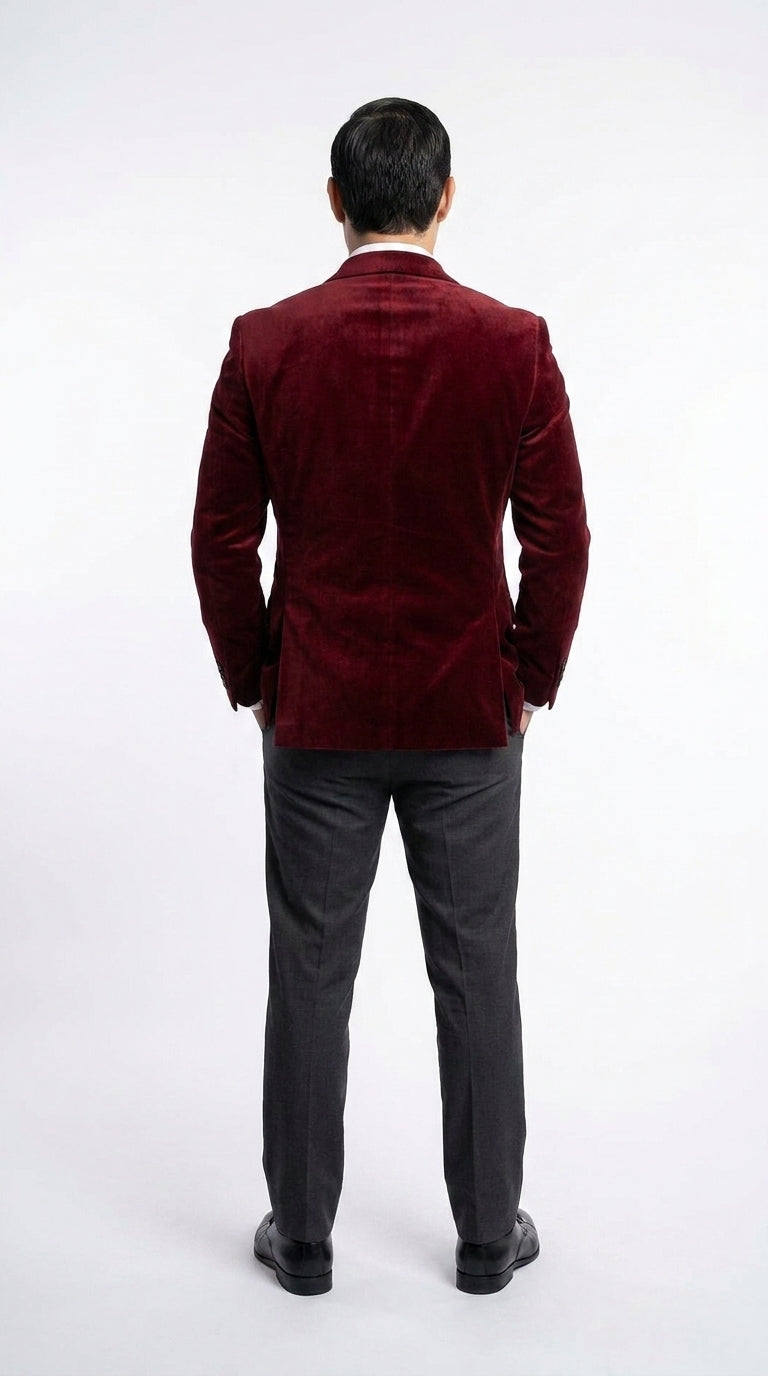Men’s Gomez Addams Inspired Costume, Burgundy Velvet Blazer with Black Pants Formal Party Outfit Combo - 36 Short