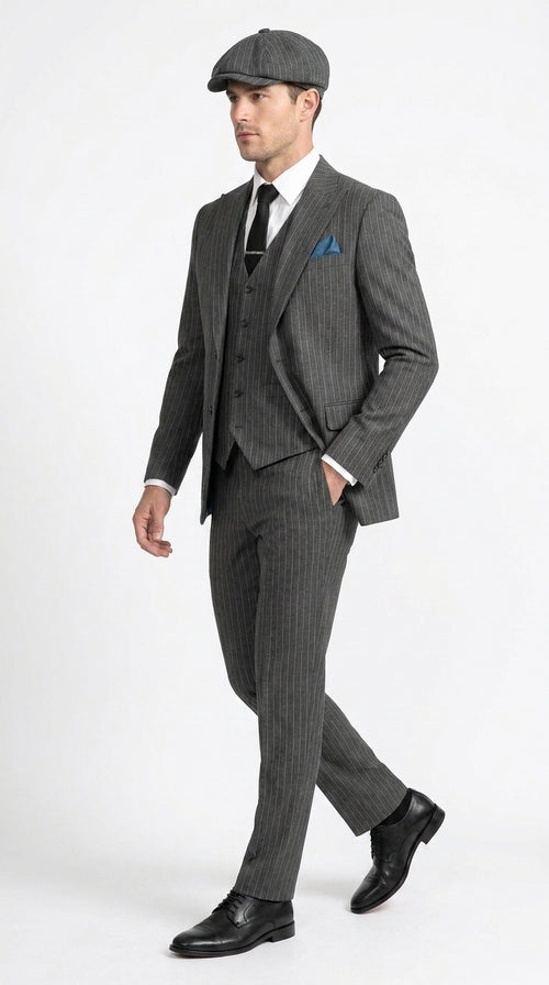 Men’s Thomas Shelby Peaky Blinders Gray Wool Suit Out fit Charcoal Grey Pinstripe 3-Piece  Vintage 1920s Suit