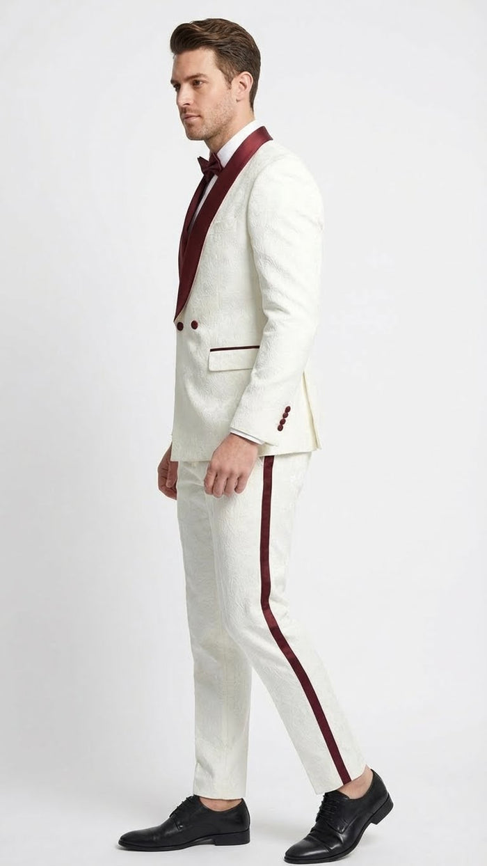 Mens Ivory and Burgundy Jacquard Tuxedo Suit Luxury Slim Fit 3-Piece Formal Wedding, Prom, and Gala Outfit in Cream Off White Color