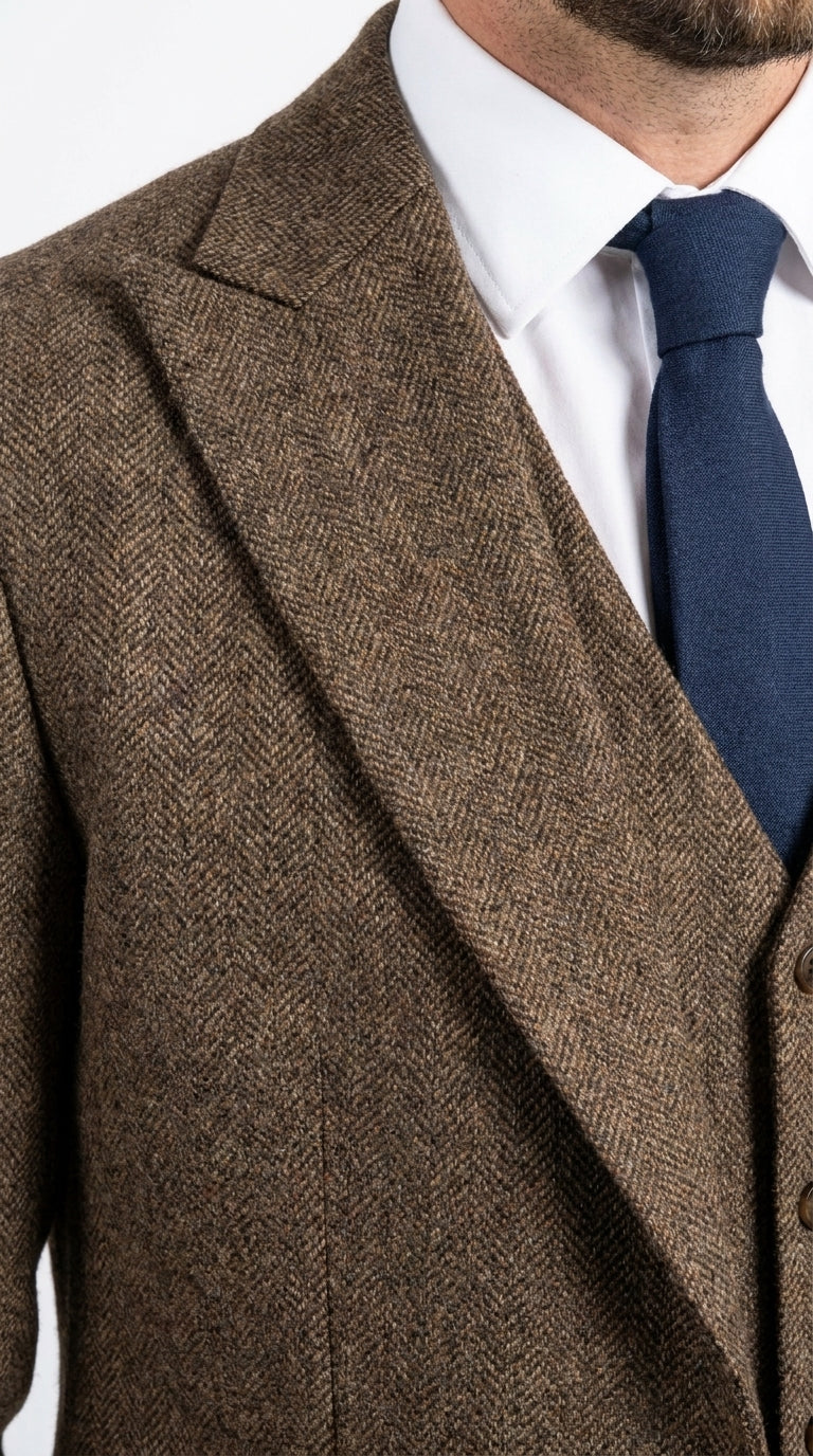 Peaky Blinder Men’s Brown Tweed 3-Piece Suit – Vintage Wedding, Business and Formal Suit with Matching Vest and Pants - 34 Short or Extra Small