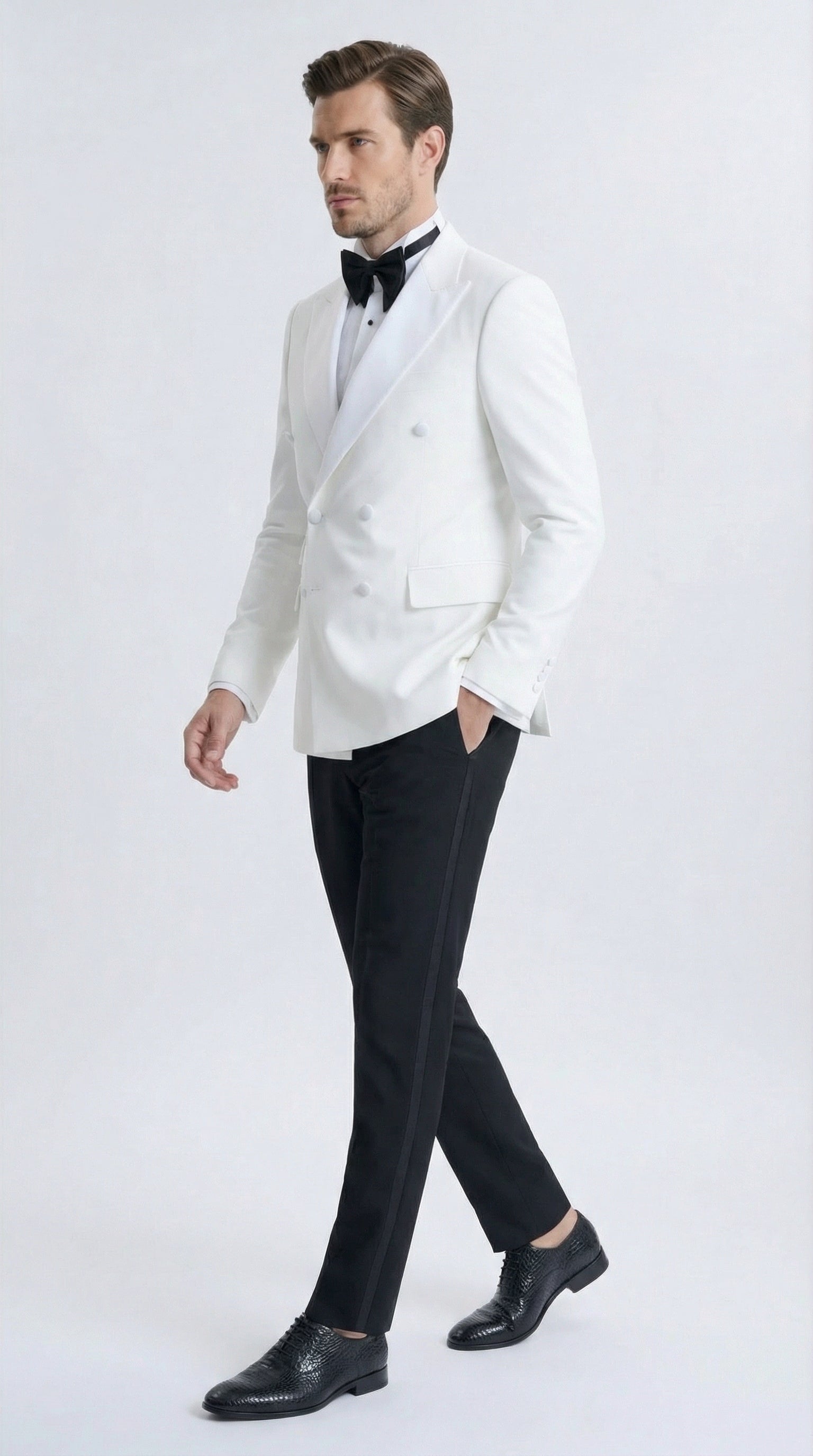 Mens White Double Breasted Dinner Jacket Blazer with Black Pants Formal Tuxedo Style Outfit for Weddings
