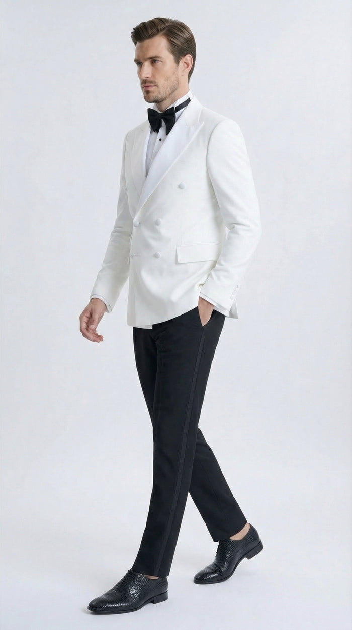 Mens White Double Breasted Dinner Jacket Blazer with Black Pants Formal Tuxedo Style Outfit for Weddings