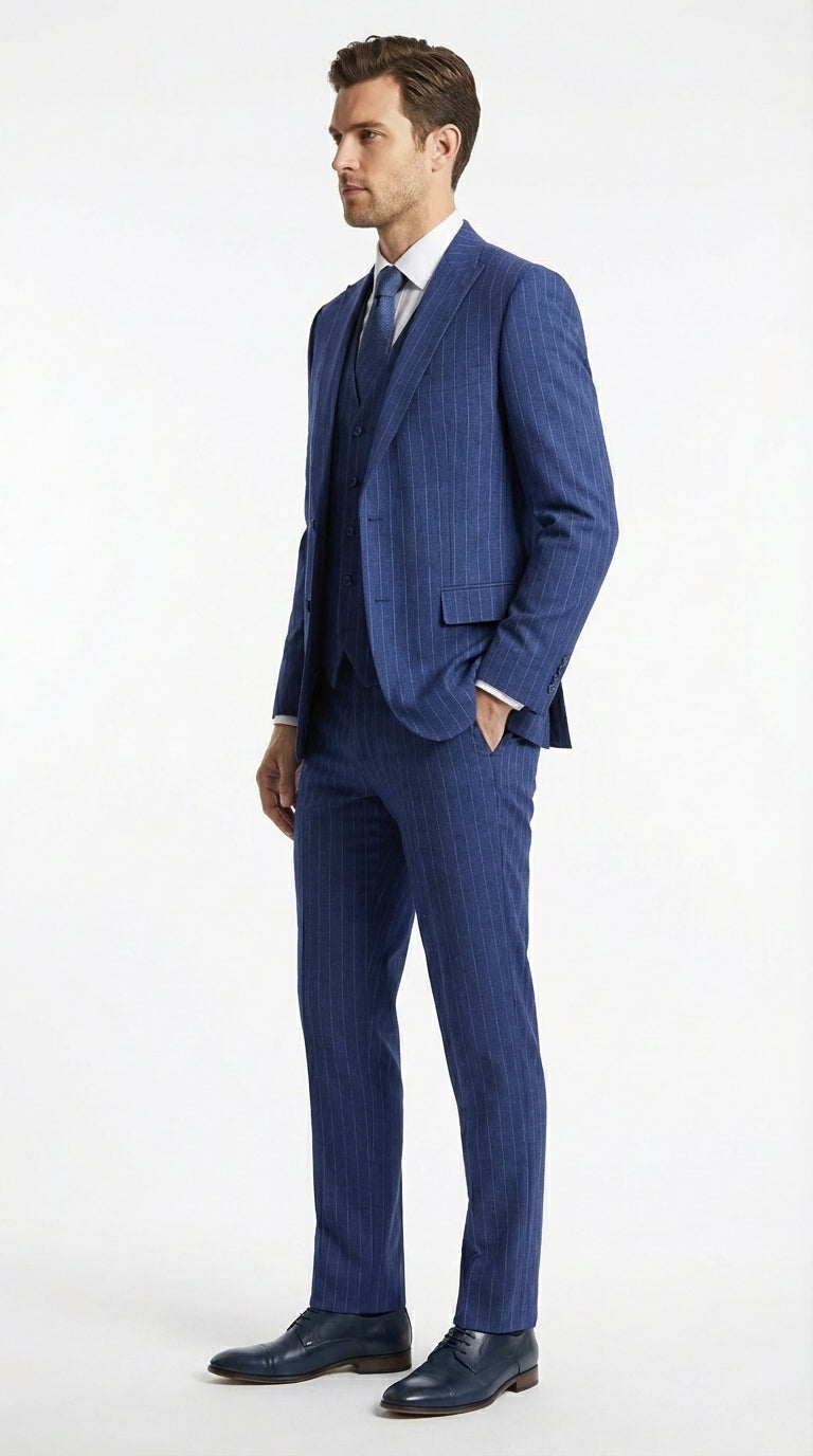 Men’s Cobalt Blue 3 Piece Suit – Indigo Light Blue Pinstripe Formal Suit with Vest for Wedding, Business Modern Fit Two buttons - 34 Short or Extra Small