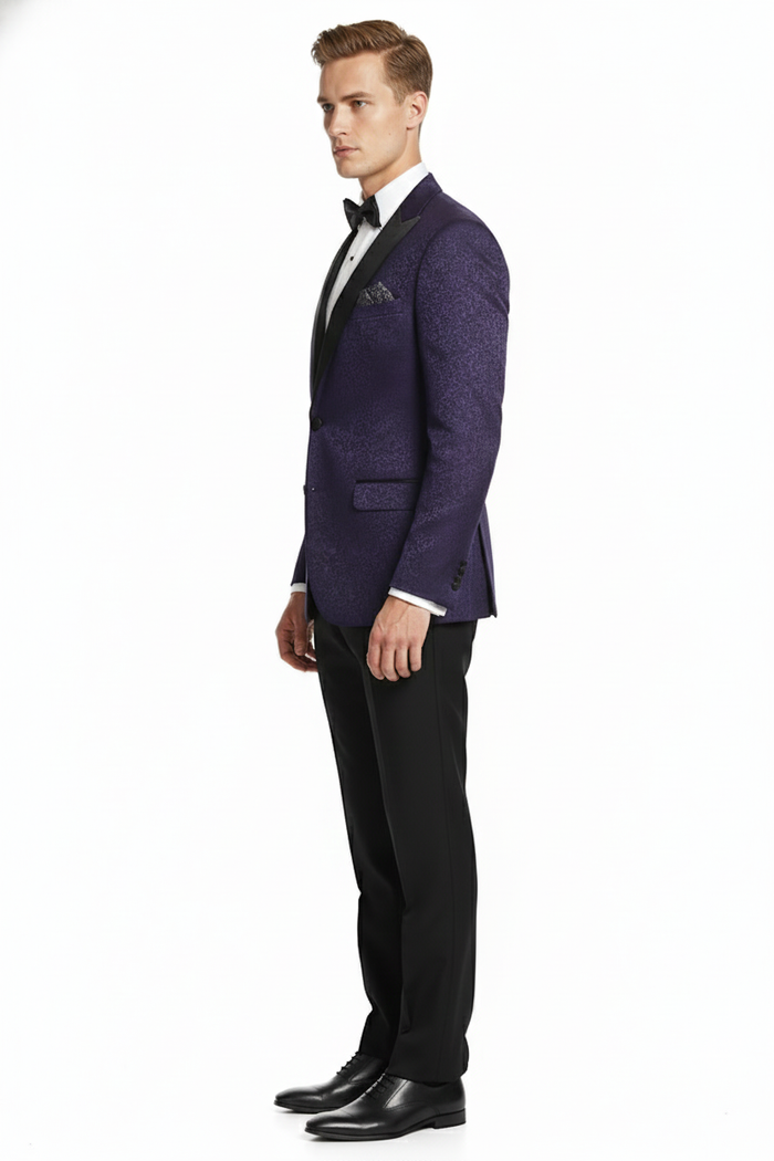 Mens Purple Paisley Tuxedo Jacket Ultra Slim Fit Dinner Blazer with Black Satin Peak Lapel