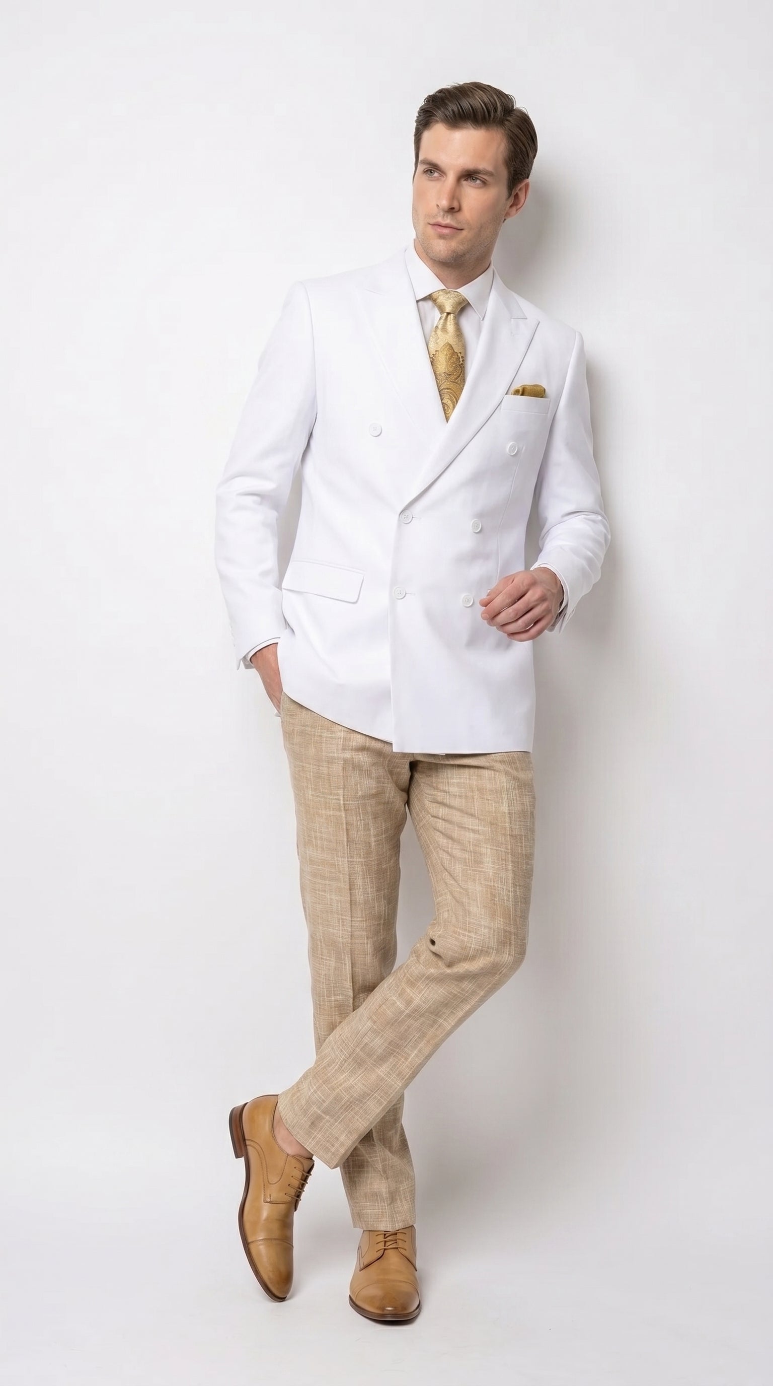 Men’s White Double Breasted Blazer, Formal Dress Jacket for Weddings, Prom, Parties, Dinner Events, and Special Occasions - 36 Short