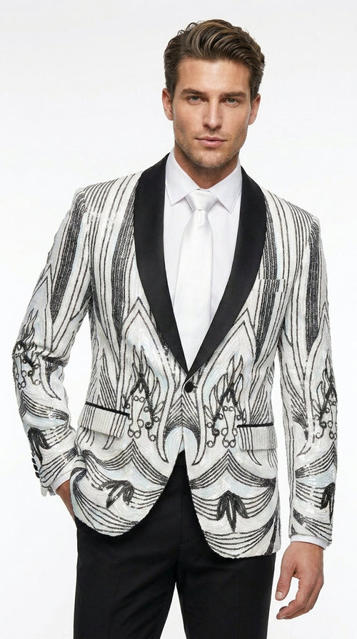 Men’s White and Black Patterned Tuxedo Blazer – Luxury Designer Dinner Jacket for Wedding, Prom and Formal Events New Year Christmas Holiday