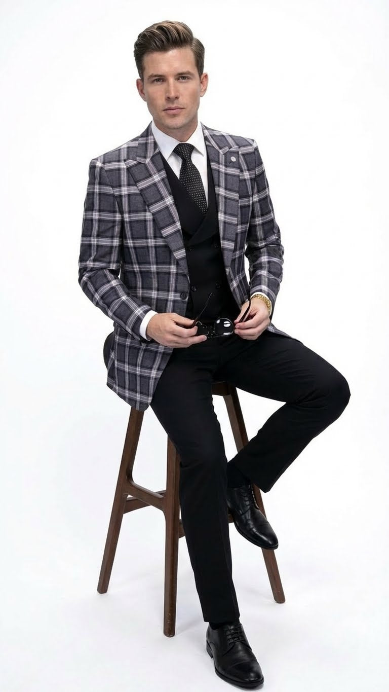Men’s Big and Tall Charcoal Gray and Black Plaid Blazer – Grey Checker Windowpane Sport Coat - 36 Short