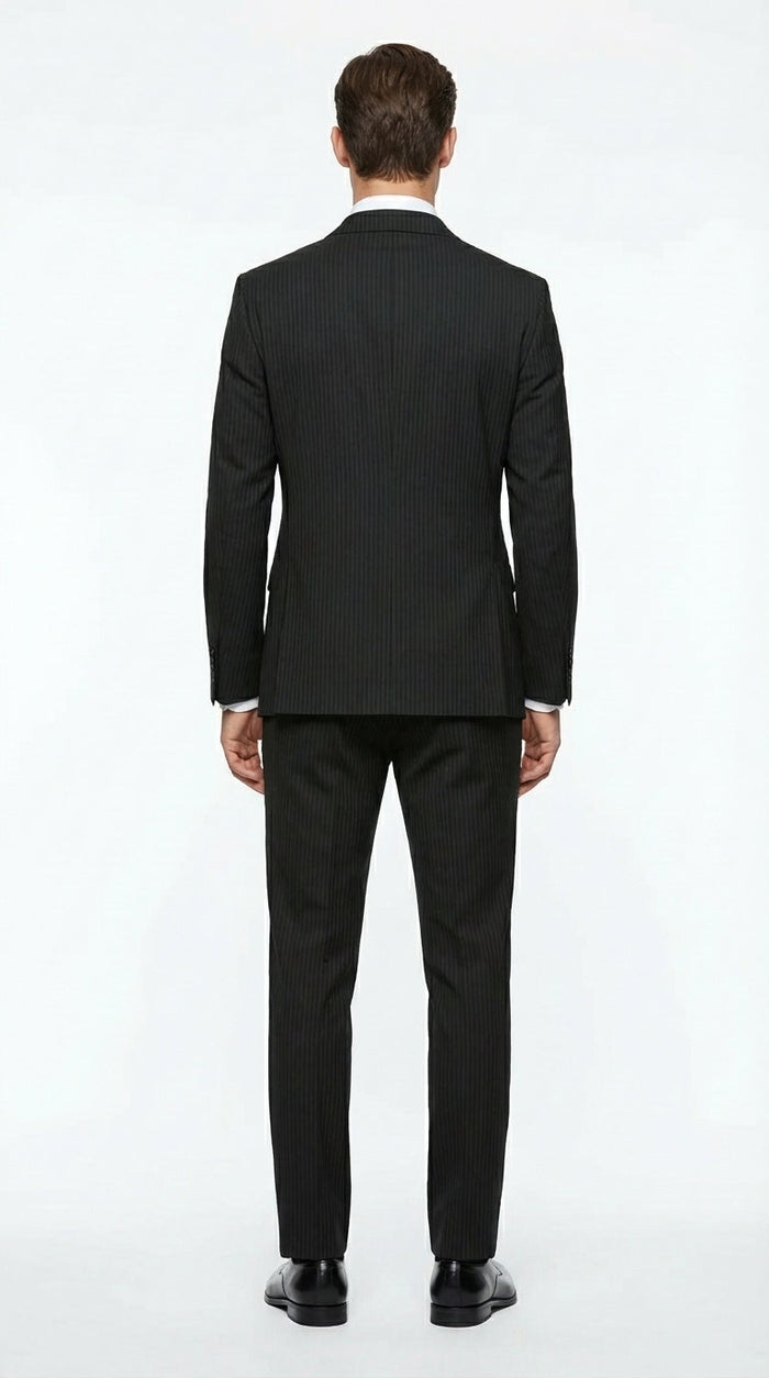 Vitali Mens Black Tone on Tone Shadow Stripe Vested Suit Set – 3 Piece Modern Fit Pinstripe Two Buttons