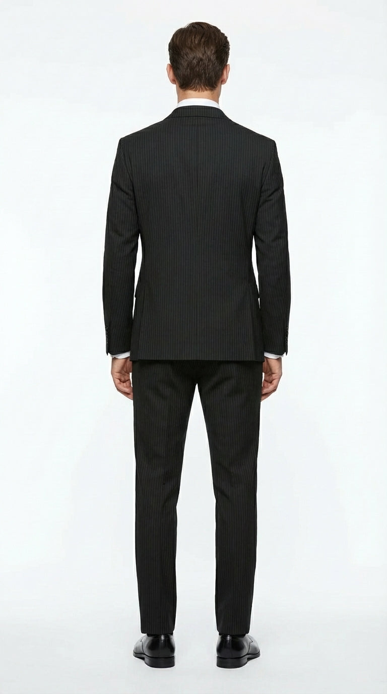Vitali Mens Black Tone on Tone Shadow Stripe Vested Suit Set – 3 Piece Modern Fit Pinstripe Two Buttons