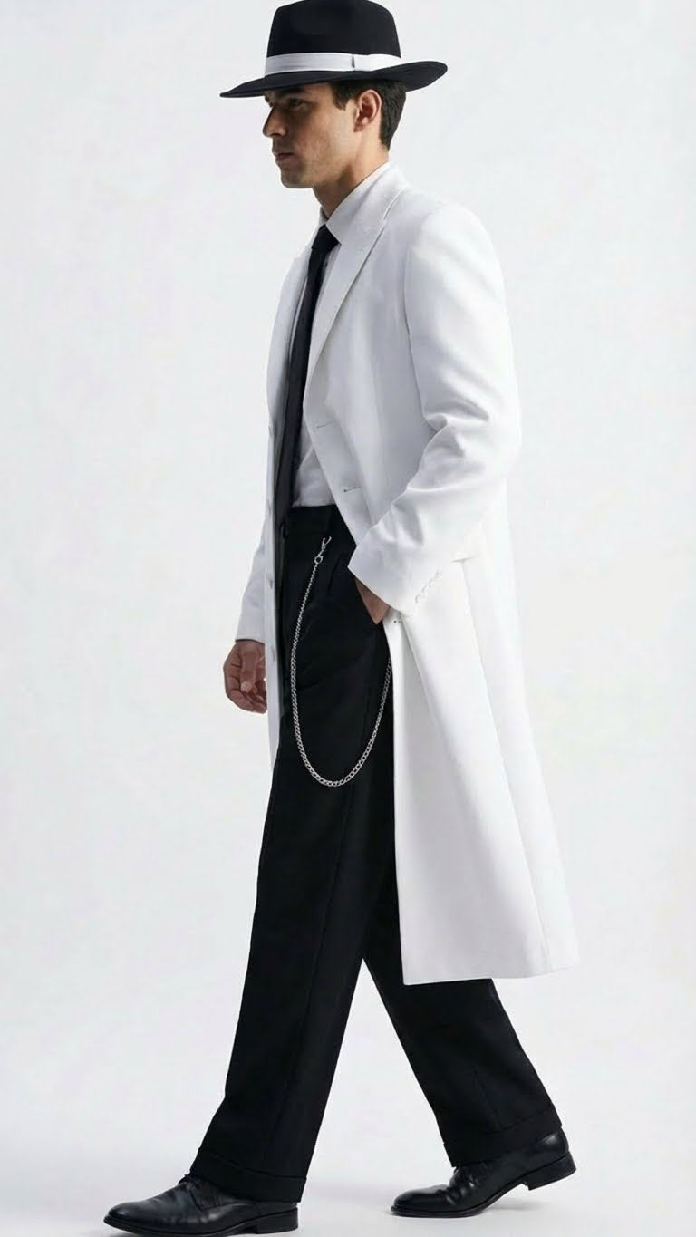 Men’s White Long Zoot Style Suit  | Vintage Gangster Mafia Formal Coat with Black Pants - 34 Short or Extra Small