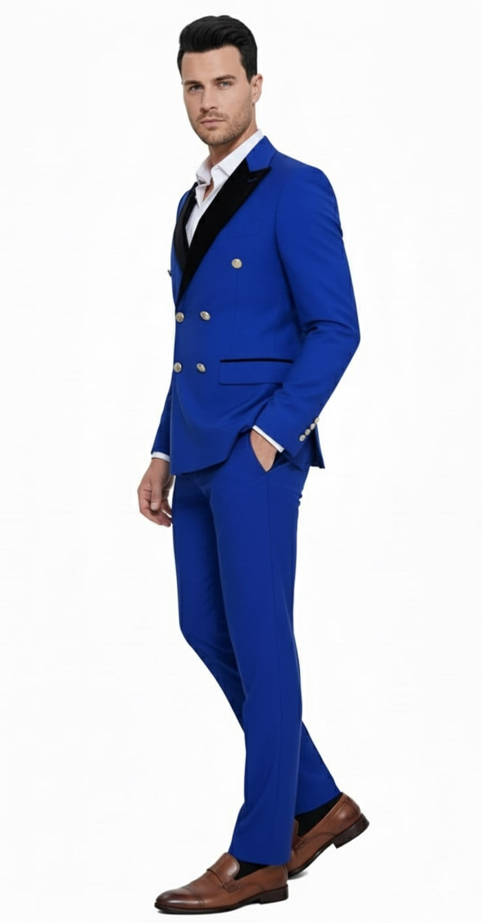 Mens Royal Blue Double-Breasted Tuxedo Suit Modern Slim Fit Formal Wedding and Prom Outfit with Black Satin Lapel