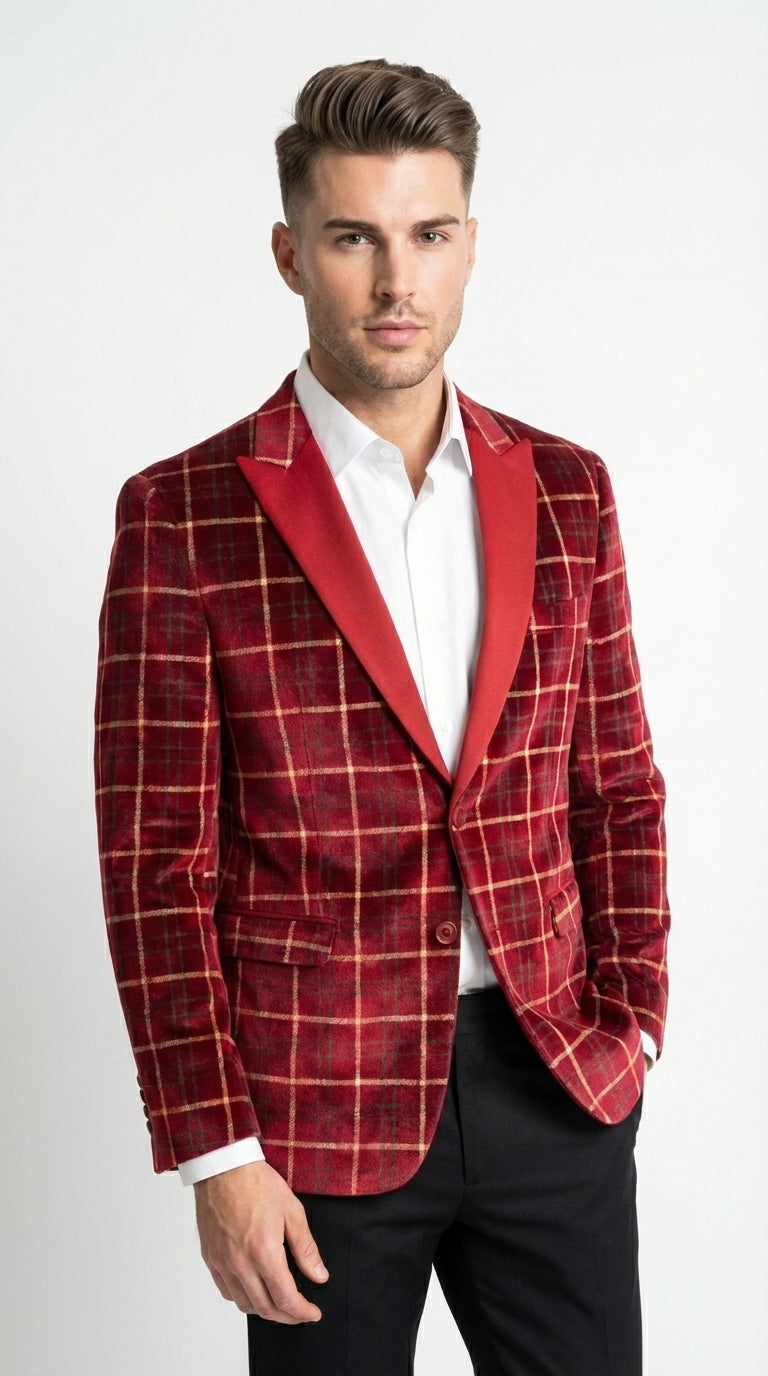 Mens Red Burgundy Plaid Blazer with Contrast Lapel – Velvet Fabric Check Prom Blazer Jacket for Party, Christmas New Year Holiday Jacket - 36 Short