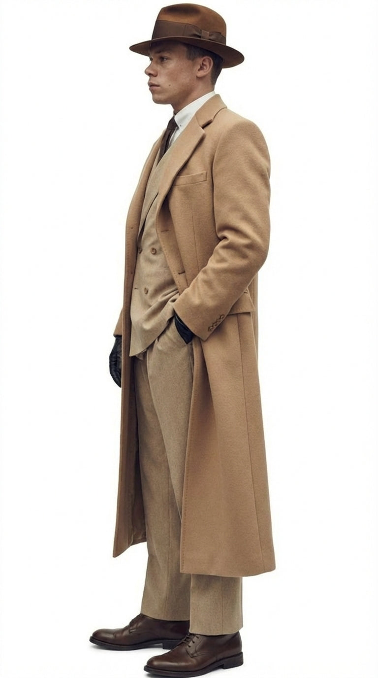 Men’s Cashmere & Wool Camel Beige Long Overcoat – Peaky Blinders Style Vintage Formal Coat + Suit + Hat Package - Coat Size 38