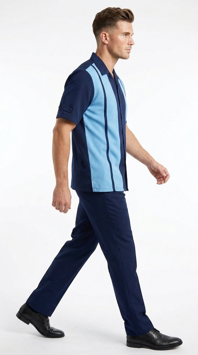 Men’s Navy and Sky Blue Walking Suit – 2-Piece Short Sleeve Casual Leisure Outfit - Small