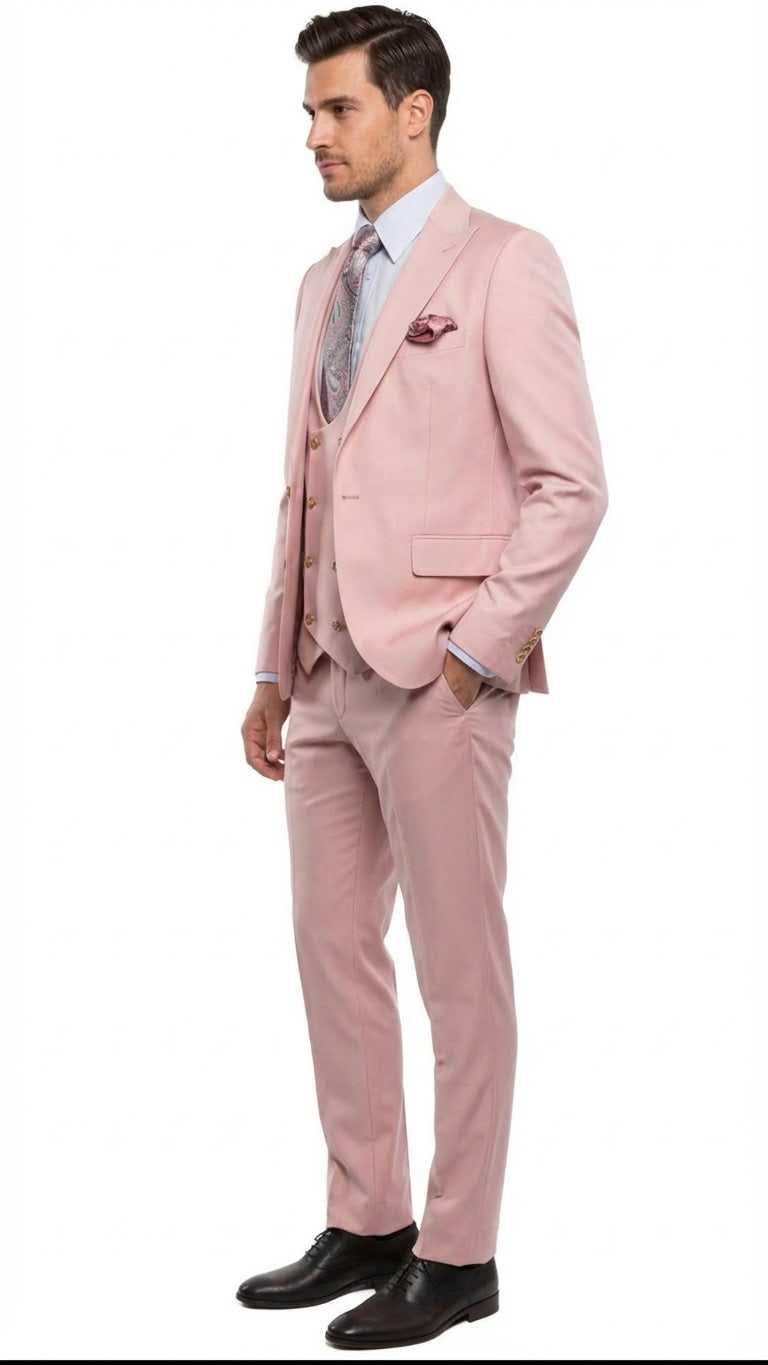 Men’s Blush Pink and Gold Three-Piece Suit – Tailored Fit Formal Wedding, Vested Suit By Rossiman - 34 Short or Extra Small