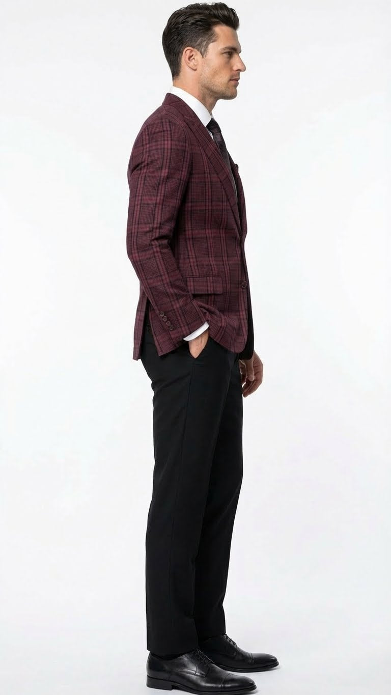 Menâ€™s Burgundy Check Blazer â€“ Windowpane Plaid blazer in Maroon Wine Color - 36 Short