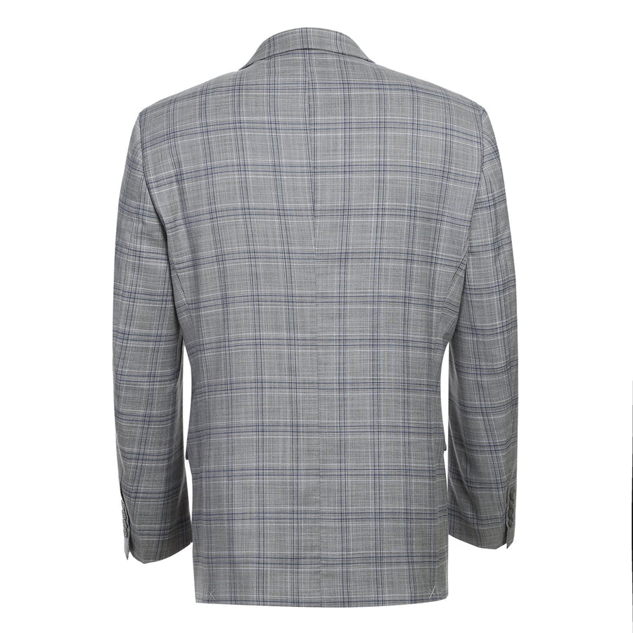 "Classic Fit Men's Two-Button Suit in Light Grey & Navy Blue Plaid"