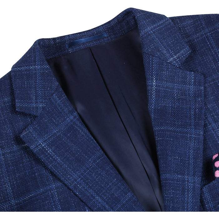 "Classic Fit Wool plaid  Blazers - Men's Two Button Navy Blue Windowpane Plaid Sport Coat"