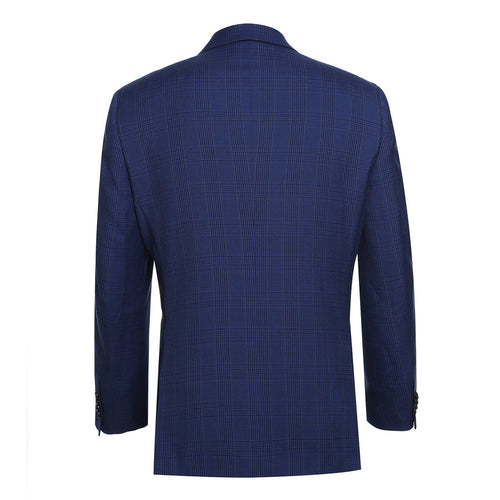"Classic Fit Two Button Men's Blazer - Dark Navy Blue Windowpane Plaid"