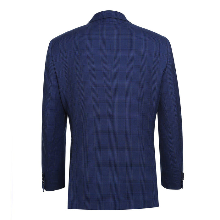 "Classic Fit Two Button Men's Blazer - Dark Navy Blue Windowpane Plaid"