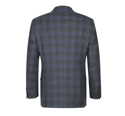 "Classic Fit Men's Wool Suit - Two Button Vested in Grey & Blue Windowpane Plaid"