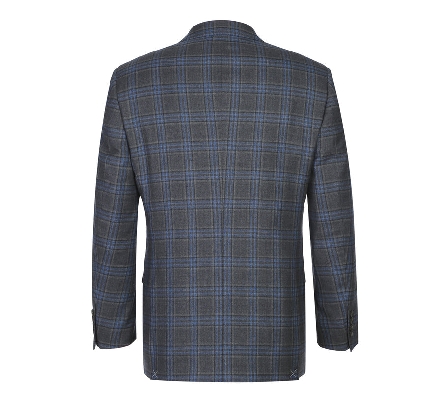 "Classic Fit Men's Wool Suit - Two Button Vested in Grey & Blue Windowpane Plaid" - 44 Regular
