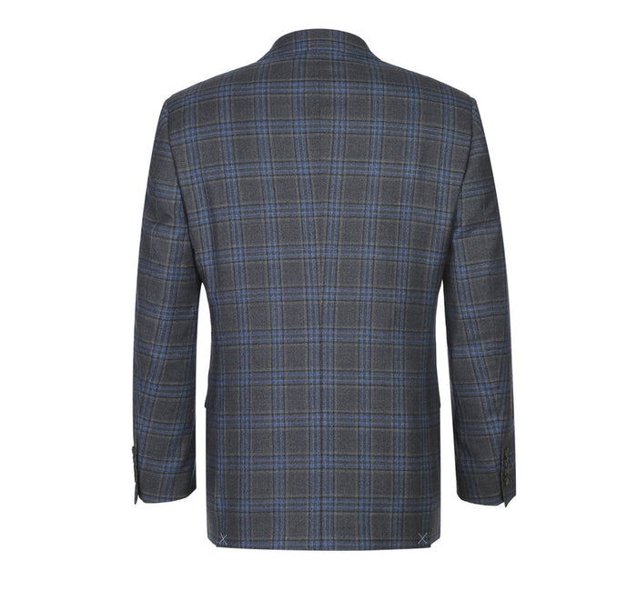 "Classic Fit Men's Wool Suit - Two Button Vested in Grey & Blue Windowpane Plaid"