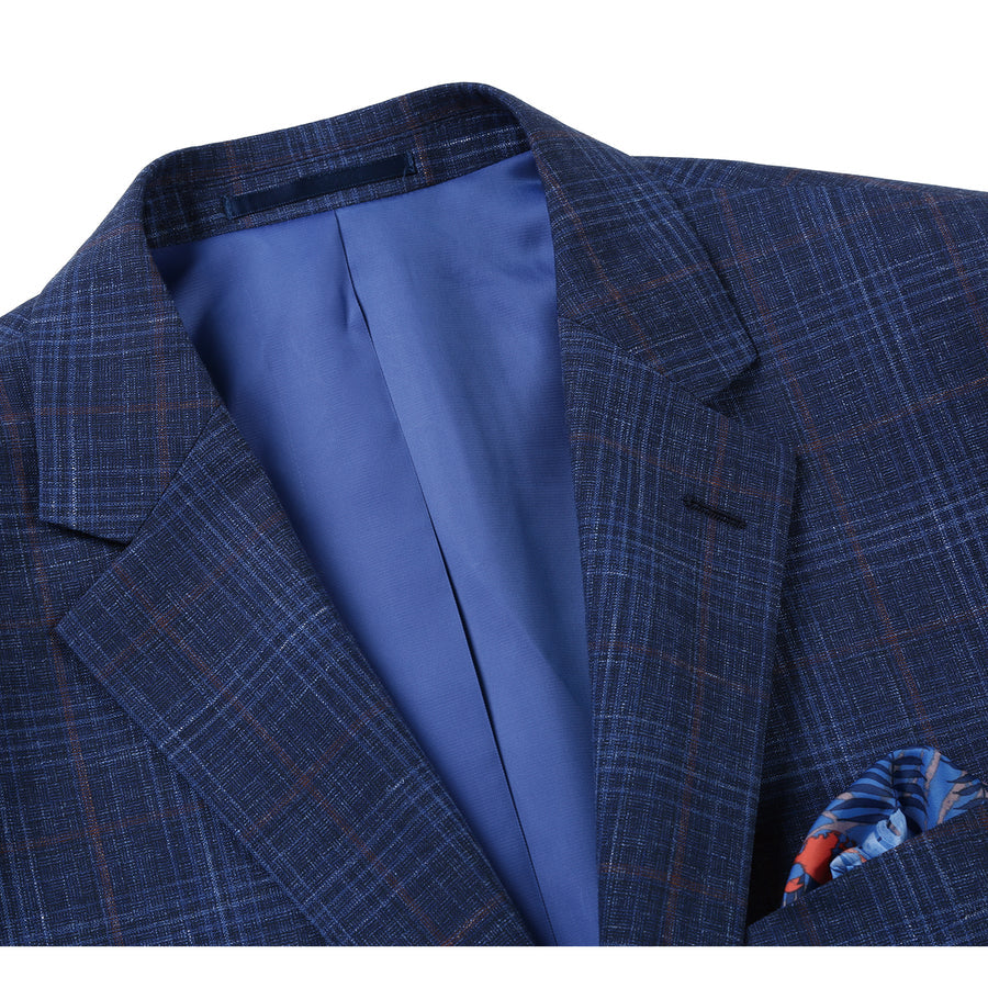 "Blue Windowpane Plaid Wool & Linen Sport Coat - Men's Classic Fit Two Button Blazer" - 36 Short