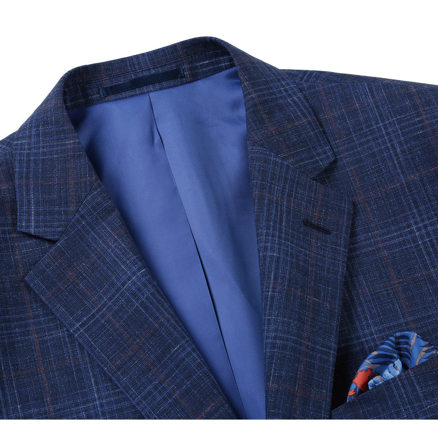 "Blue Windowpane Plaid Wool & Linen Sport Coat - Men's Classic Fit Two Button Blazer"