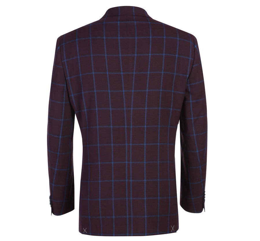 "Men's Slim Fit Two-Button Sport Coat Blazer - Burgundy & Blue Windowpane Plaid" - 34 Short