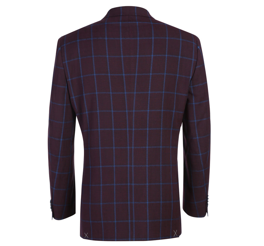 "Men's Slim Fit Two-Button Sport Coat Blazer - Burgundy & Blue Windowpane Plaid"