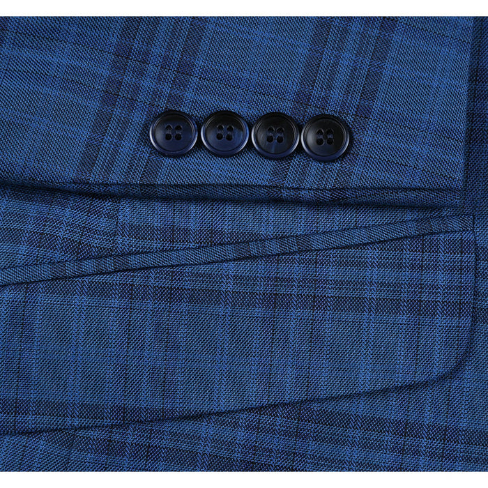 "Indigo Blue Windowpane Plaid Slim Fit Blazer - Men's Two-Button Sport Coat"