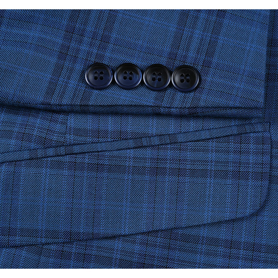 "Indigo Blue Windowpane Plaid Slim Fit Blazer - Men's Two-Button Sport Coat"