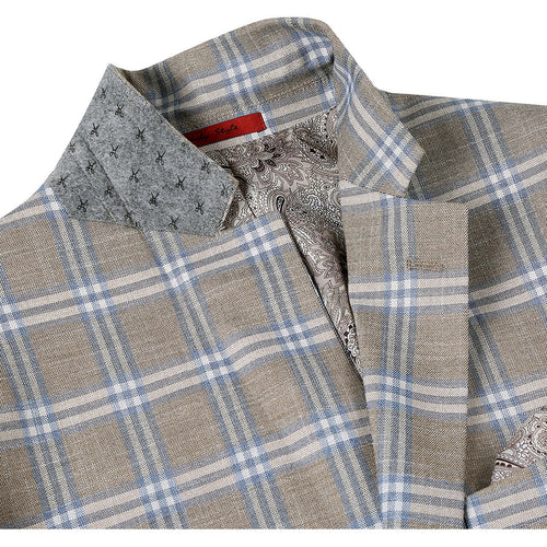 "Classic Fit Two Button Men's Sport Coat Blazer - Grey Tan Windowpane Plaid"