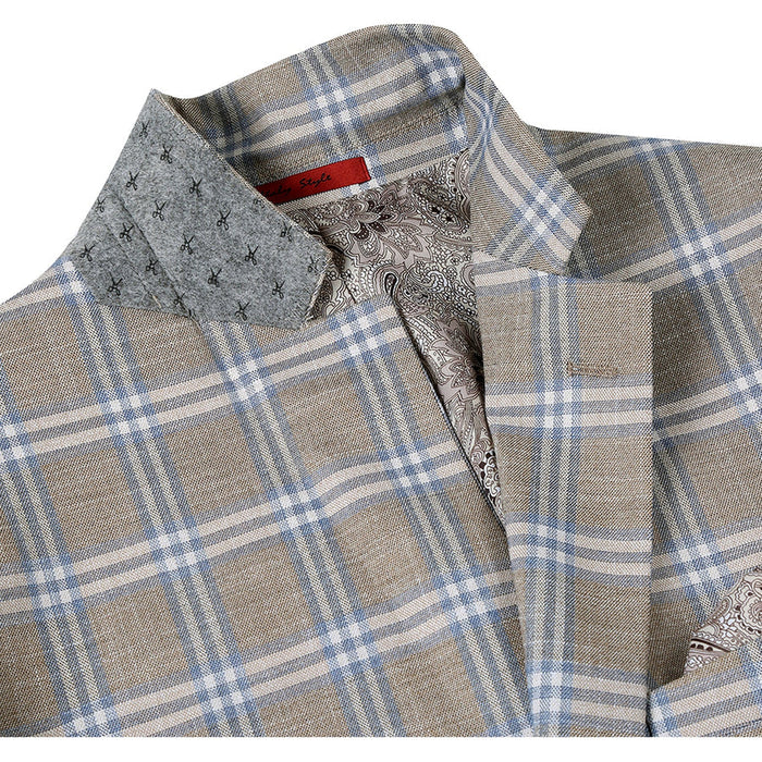 "Classic Fit Two Button Men's Sport Coat Blazer - Grey Tan Windowpane Plaid"