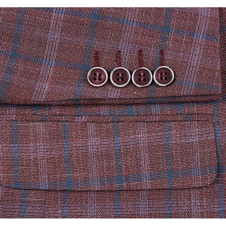 "Burgundy Red Windowpane Plaid Sport Coat - Men's Classic Fit Two-Button Blazer" - 34 Short